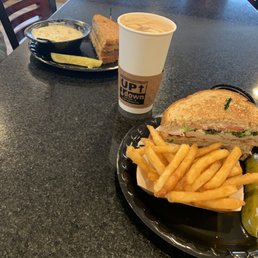 Turkey deluxe with fries, PB Mocha, and (far) Tuna melt and wild rice soup!