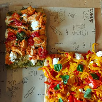 Bonci - Chicken Pesto (top) and Roasted Bell Pepper & Buffala (bottom) - Pizza Near Me - Chicago, Illinois Bonci - Chicken Pesto (top) and Roasted Bell Pepper & Buffala (bottom) - Pizza Near Me - Chicago, Illinois