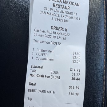 Los Vega Mexican Restaurant - a receipt for the restaurant - Tex-Mex Near Me - San Marcos, Texas