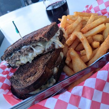 La Conner Pub & Eatery - Patty melt with fries and a glass of Cabernet Sauvignon - American Near Me - La Conner, Washington