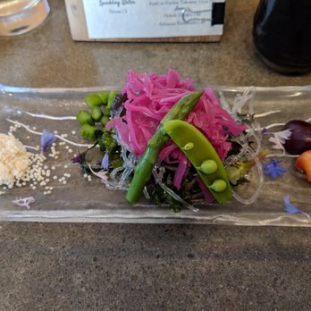 Delage - First - fermented red cabbage salad, rice puffs with truffle powder, cherries - Japanese Near Me - Oakland, California Delage - First - fermented red cabbage salad, rice puffs with truffle powder, cherries - Japanese Near Me - Oakland, California