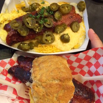 Biscuit Bitch - Hot mess bitch (top), Hot link bitchwich (bottom) - Breakfast & Brunch Near Me - Seattle, Washington