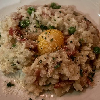 Davanti Enoteca - Del Mar - THE RISOTTO CARBONARA - with parmesan risotto, pancetta, peas, egg yolk and black pepper - Italian Near Me - Del Mar, California Davanti Enoteca - Del Mar - THE RISOTTO CARBONARA - with parmesan risotto, pancetta, peas, egg yolk and black pepper - Italian Near Me - Del Mar, California