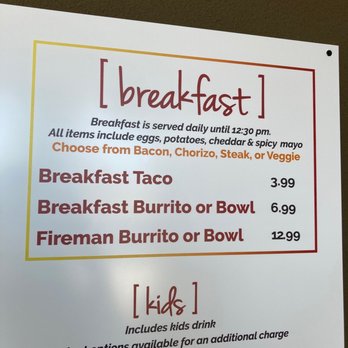 Brushfire Tacos Y Tapas - This clearly states that brushfire serves breakfast until 12:30 pm. - Tacos Near Me - Glendale, Arizona