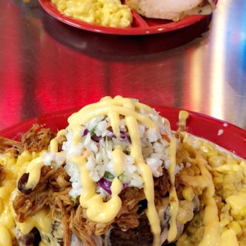 Rack Shack BBQ - Top: Three meat combo Bottom: One meat (shredded chicken) HOBO - Barbeque Near Me - Eagan, Minnesota