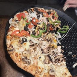 Large pizza. Half choochoo chicken, half vegetarian.