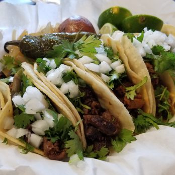 Taqueria Monterrey - 5 Taco Plate on Corn - Left to Right: 2 Asada, 1 Pastor, 2 Barbacoa - Mexican Near Me - Denton, Texas