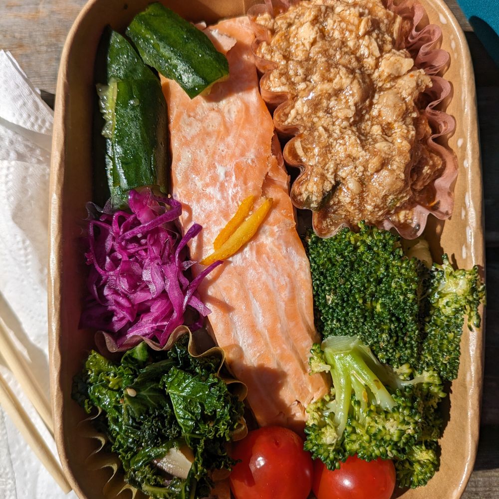 Salmon bento box ($11) - 3.5 stars. Just the right amount of food, tasty and healthy. Salmon a tad overcooked/dry. 2024-03-20 Wed lunch Salmon bento box ($11) - 3.5 stars. Just the right amount of food, tasty and healthy. Salmon a tad overcooked/dry. 2024-03-20 Wed lunch