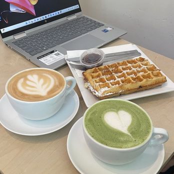 The Mill - Wildwood latte and matcha latte and blueberry waffle - Coffee & Tea Near Me - Sacramento, California