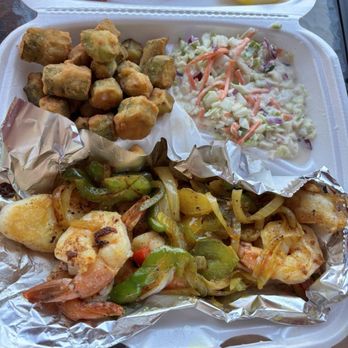 Fish Frenzy - Grilled shrimp platter with two sides: okra and coleslaw - Salad Near Me - Morgantown, West Virginia Fish Frenzy - Grilled shrimp platter with two sides: okra and coleslaw - Salad Near Me - Morgantown, West Virginia