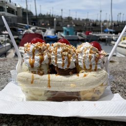 a banana split on a table