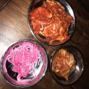 Mr Kimchi - Golf Road - October 2019 spicy pork & banchan- radish & kimchi - Korean Near Me - Mount Prospect, Illinois