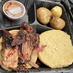 Good Eats BBQ - Brisket sandwich w/salt potatoes.