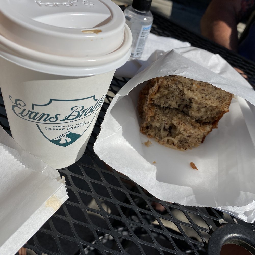 Evans Brothers Coffee - Latte and 2 slices coconut banana bread - Coffee & Tea Near Me - Sandpoint, Idaho Evans Brothers Coffee - Latte and 2 slices coconut banana bread - Coffee & Tea Near Me - Sandpoint, Idaho