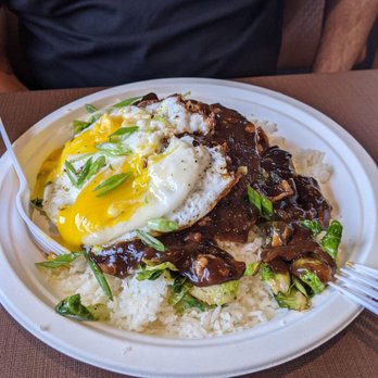 Aloha island Grill - Bad Loco Moco.Thick, cold, lumpy gravy. Coconut flavored rice. Grilled brussel sprouts.Not good.Egg was cooked perfect.Sent dish back. - Hawaiian Near Me - Nampa, Idaho