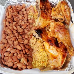 Half chicken spicy, cooked well done. With rice and beans. Smells outrageous. Really delicious. Half chicken spicy, cooked well done. With rice and beans. Smells outrageous. Really delicious.
