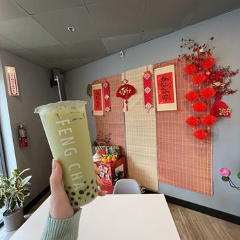 Feng Cha Tea House - My Matcha Latte with boba and the lunar new year decorations - Bubble Tea Near Me - Dublin, California Feng Cha Tea House - My Matcha Latte with boba and the lunar new year decorations - Bubble Tea Near Me - Dublin, California