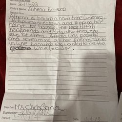 Cedarview Learning Center - A note they sent home with my daughter on her second day attending the facility.