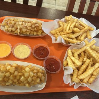 Junie’s - Potato Korean Corn Dog, French fries, ketchup, honey mustard, and spicy mayo - Korean Near Me - Silver Spring, Maryland Junie’s - Potato Korean Corn Dog, French fries, ketchup, honey mustard, and spicy mayo - Korean Near Me - Silver Spring, Maryland