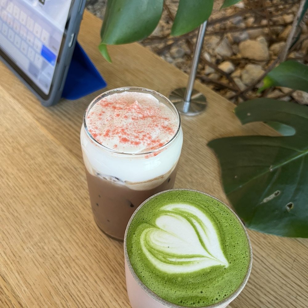 Matcha Latte and  Iced Raspberry Rose Cold Foam Mocha