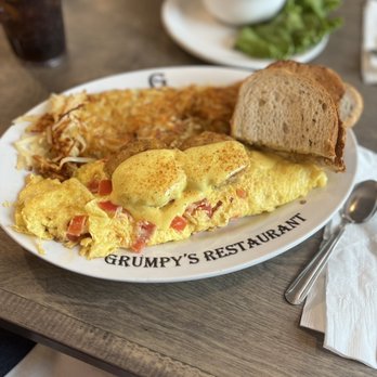 Grumpy's Restaurant - Seafood omelette with hash browns and rye toast! - Breakfast & Brunch Near Me - Neptune Beach, Florida Grumpy's Restaurant - Seafood omelette with hash browns and rye toast! - Breakfast & Brunch Near Me - Neptune Beach, Florida
