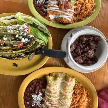 Cocina Madrigal - Clockwise from top: mushroom enchiladas, Mesquite Grilled Romaine Salad, Chicken Enchiladas, steak (for salad) - Tacos Near Me - Phoenix, Arizona