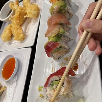 Ginza Sushi Japanese Restaurant - Rainbow roll at the forefront with shrimp tempura & gyoza at the back. - Japanese Near Me - Fullerton, California