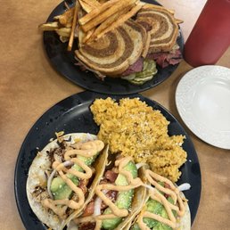Pastrami Ruben and tacos with green chili rice Pastrami Ruben and tacos with green chili rice