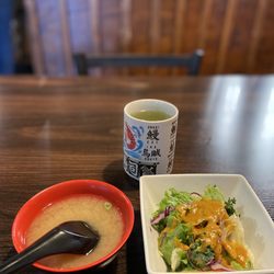 Complimentary Miso Soup, Salad, and Green Tea