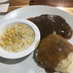 Manna Restaurant And General Store - Hamburger steak with mashed potatoes and gravy and creamed corn.