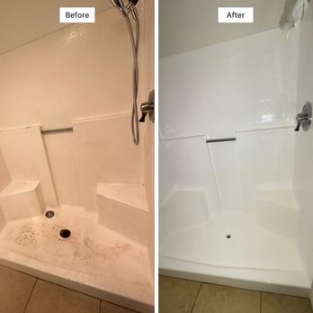 TrueFinish Bathtub Refinishing - Before and after reglazing a shower pan and walls - Refinishing Services Near Me - Pasadena, California TrueFinish Bathtub Refinishing - Before and after reglazing a shower pan and walls - Refinishing Services Near Me - Pasadena, California