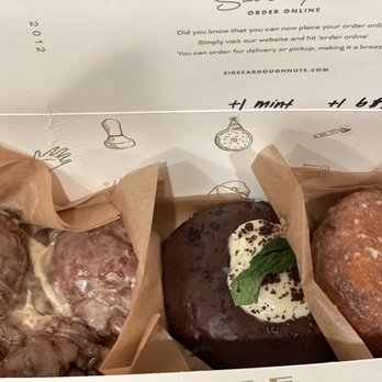 Sidecar Doughnuts & Coffee - Apple Fritter, Thin Mint (yup, Girl Scout cookie style), and Butter & Salt - Donuts Near Me - Costa Mesa, California