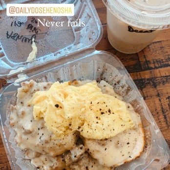 The Daily Dose Cafe - Half order of Bisculicious Plate and an iced decaf latte! - Coffee & Tea Near Me - Kenosha, Wisconsin