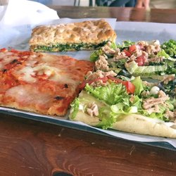 Pizzeria del Ponte - Tuna flatbread, spinach stuffed focaccia, margarita pizza