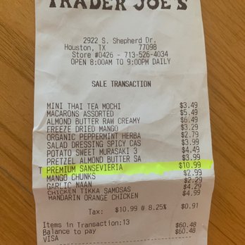 Trader Joe's - Receipt of my purchase and highlighted is what they charged me that I did not buy. - Grocery Near Me - Houston, Texas Trader Joe's - Receipt of my purchase and highlighted is what they charged me that I did not buy. - Grocery Near Me - Houston, Texas