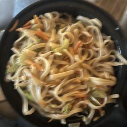 HuHot Mongolian Grill - Rice noodles  Dinner Grill Meal with bamboo, peppers, meatballs , and other veggies