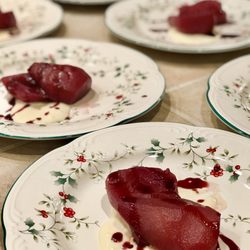 J2Food - Red Wine Poached Pears with Lavender-Honey Mascarpone for dessert at a private holiday dinner, 12/9/2017