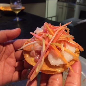 Trust - Viva Baja Course #5: Bluefin tuna estabeche tostada with shrimp, carrots, and lime. Don't let it's simple appearance fool you. - Tapas/Small Plates Near Me - Santa Ana, California Trust - Viva Baja Course #5: Bluefin tuna estabeche tostada with shrimp, carrots, and lime. Don't let it's simple appearance fool you. - Tapas/Small Plates Near Me - Santa Ana, California
