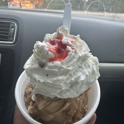 German chocolate ice cream with wet walnuts and whip cream