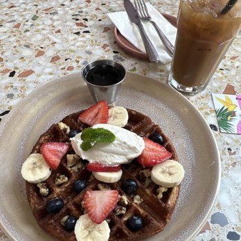 Parakeet Cafe - La Jolla - The Protein Waffle (gf) and iced vanilla latte - Coffee & Tea Near Me - La Jolla, California