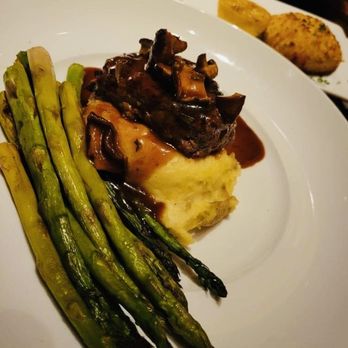 Seasons 52 - Wood grilled 6oz filet w/ mushroom wine sauce, asparagus, mashed potatoes & Crab cake - New American Near Me - Columbia, Maryland Seasons 52 - Wood grilled 6oz filet w/ mushroom wine sauce, asparagus, mashed potatoes & Crab cake - New American Near Me - Columbia, Maryland