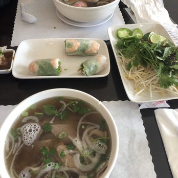 Pho Hot - Top to bottom: large bowl of pho, spring rolls, regular bowl of pho - Vietnamese Near Me - Glendale, California