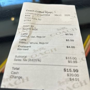 The Coach Coffee Shop - Receipt only edited date and time I was there as well as the baristas name for privacy - Coffee & Tea Near Me - Tinton Falls, New Jersey The Coach Coffee Shop - Receipt only edited date and time I was there as well as the baristas name for privacy - Coffee & Tea Near Me - Tinton Falls, New Jersey