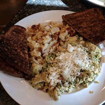 The Trails Eatery - Pesto Scramble with Home Fries (toast is slightly burnt) - Breakfast & Brunch Near Me - San Diego, California The Trails Eatery - Pesto Scramble with Home Fries (toast is slightly burnt) - Breakfast & Brunch Near Me - San Diego, California