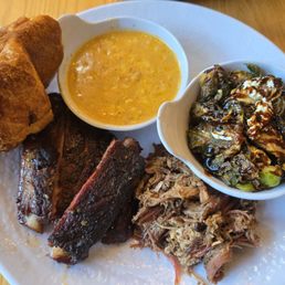 Ribs and Pork with corn and Brussels sprouts. Ribs and Pork with corn and Brussels sprouts.