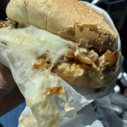 Famous cheesesteak with onions, peppers, mushrooms