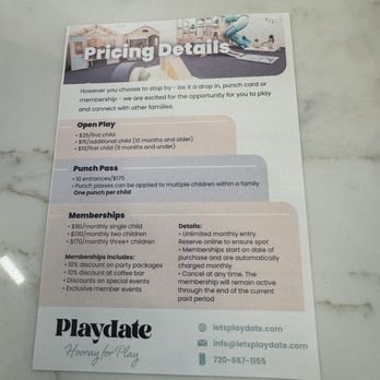 Playdate - A printed flyer from Playdate in Westminster, CO, outlines pricing details for children's play activities. It includes sections for open play, punch passes, and memberships, with prices and conditions. The flyer features the Playdate logo, contact information, and website, and is placed on a light-colored surface. - Indoor Playcenter Near Me - Westminster, Colorado