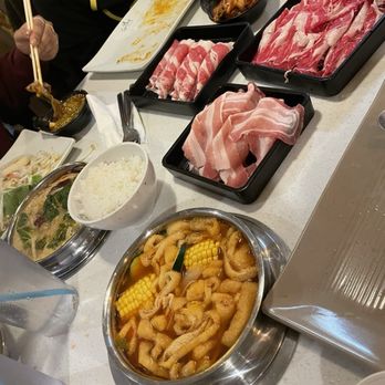 Spring Shabu-Shabu - Table. Three different broths. - Japanese Near Me - Flushing, New York