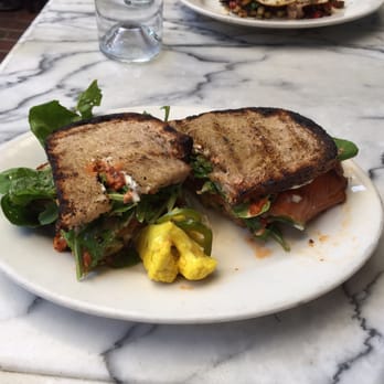 Gjelina - Smoked Salmon Pastrami sandwich is really messy but really good - New American Near Me - Venice, California