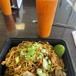 Egg noodles with chicken, level 3 spicy & a Thai tea Egg noodles with chicken, level 3 spicy & a Thai tea